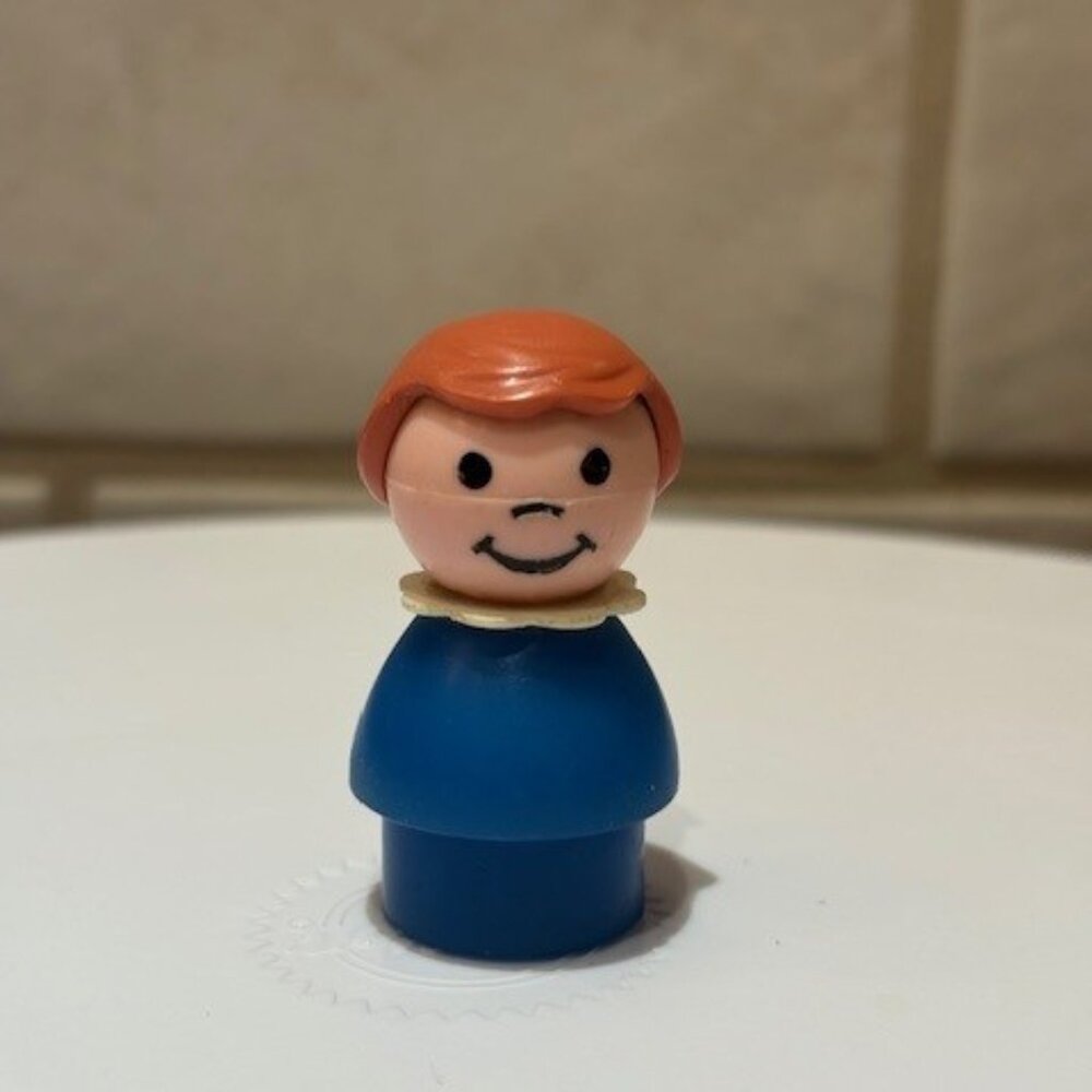 Vintage Fisher Price Little People Blue Dress Girl Brown Hair 1970s